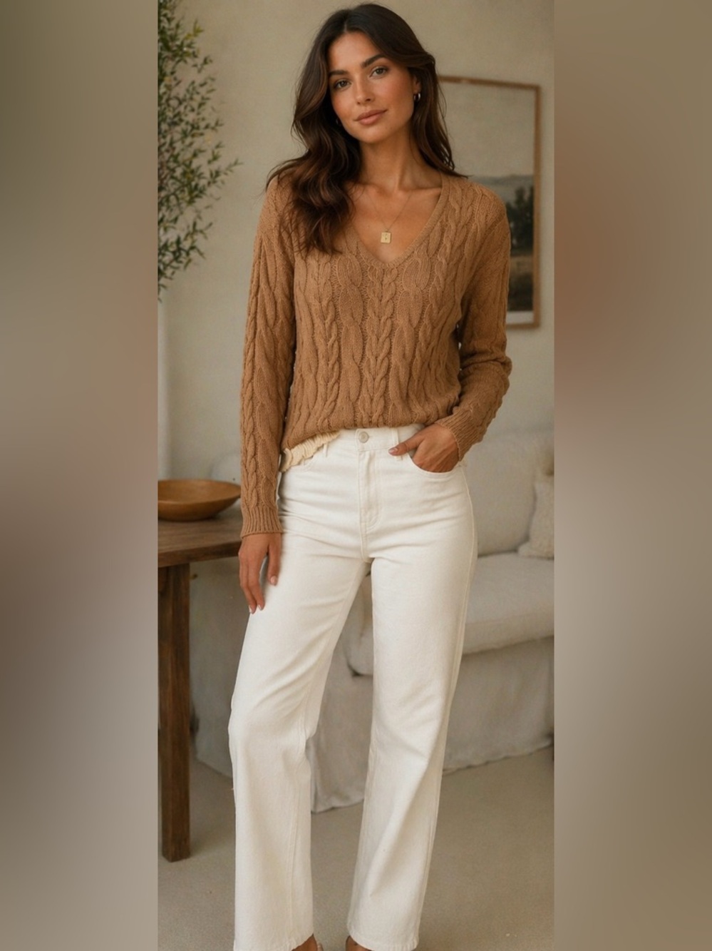 (nude) Italy Cable Knit Cotton Sweater Camel V-Neck Chunky Size 42